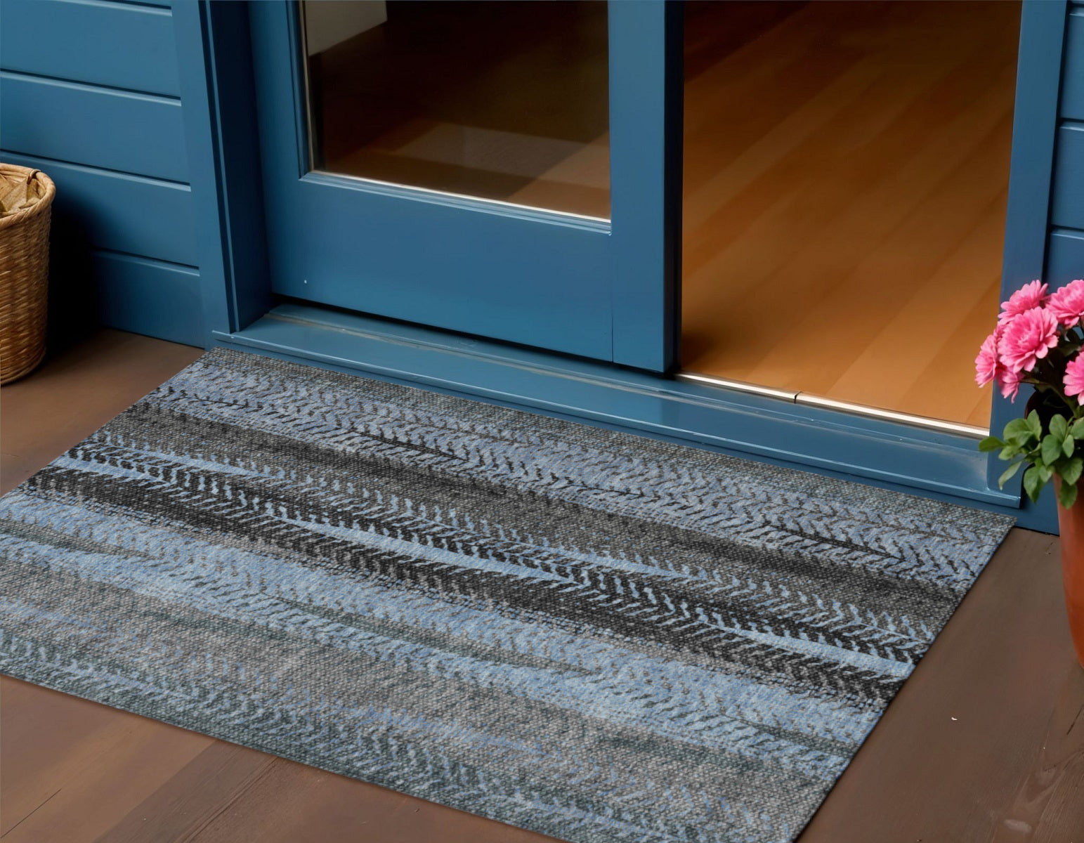 3 X 5 Blue Gray And Charcoal Botanical Leaves Washable Indoor Outdoor Area Rug