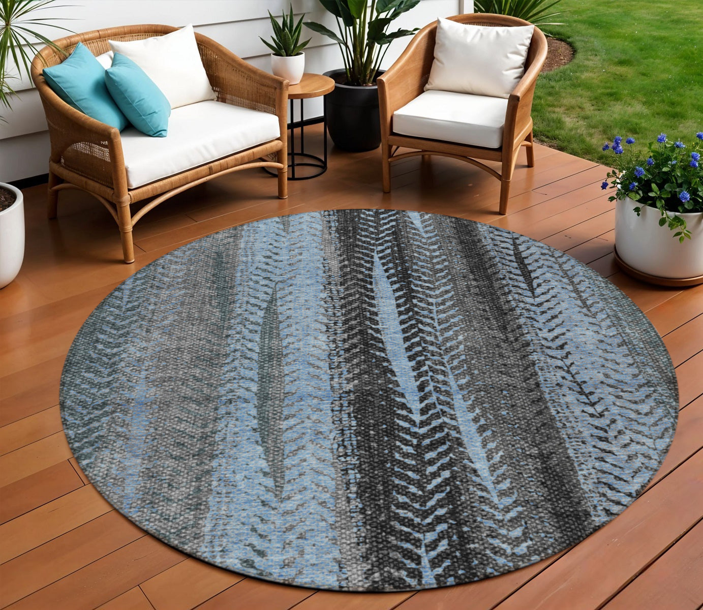8 Blue Gray And Charcoal Round Botanical Leaves Washable Indoor Outdoor Area Rug