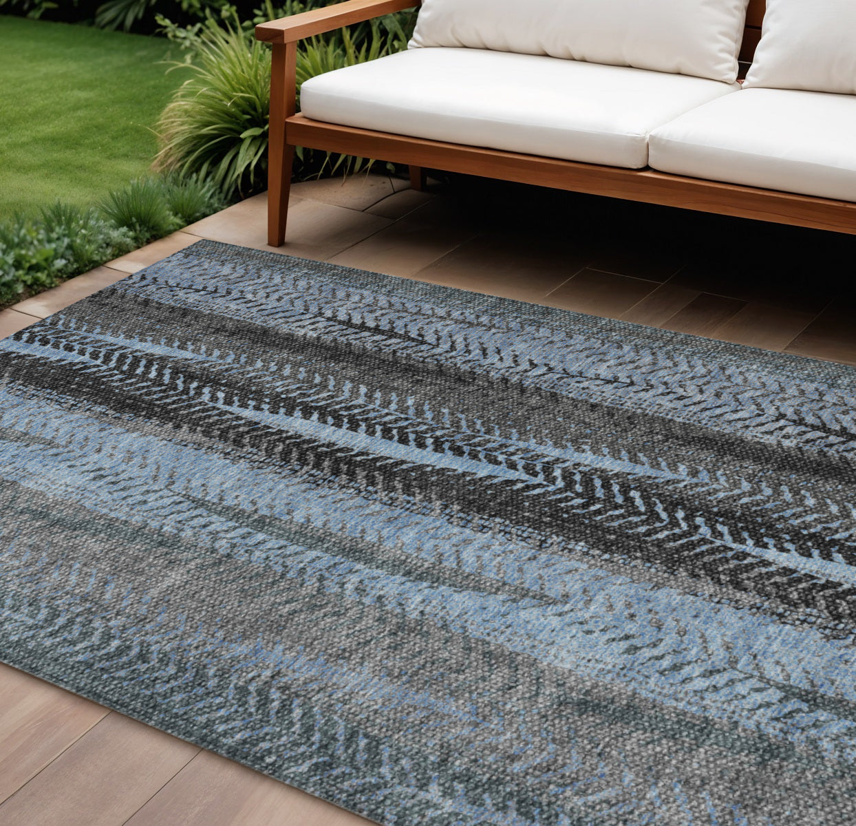 10 X 14 Blue Gray And Charcoal Botanical Leaves Washable Indoor Outdoor Area Rug