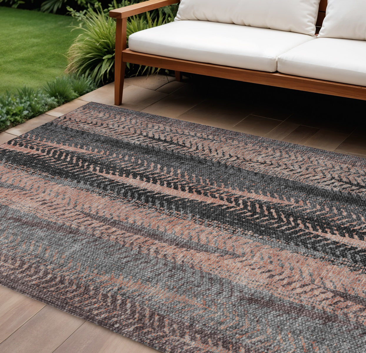 8 X 10 Blue Charcoal And Copper Botanical Leaves Washable Indoor Outdoor Area Rug