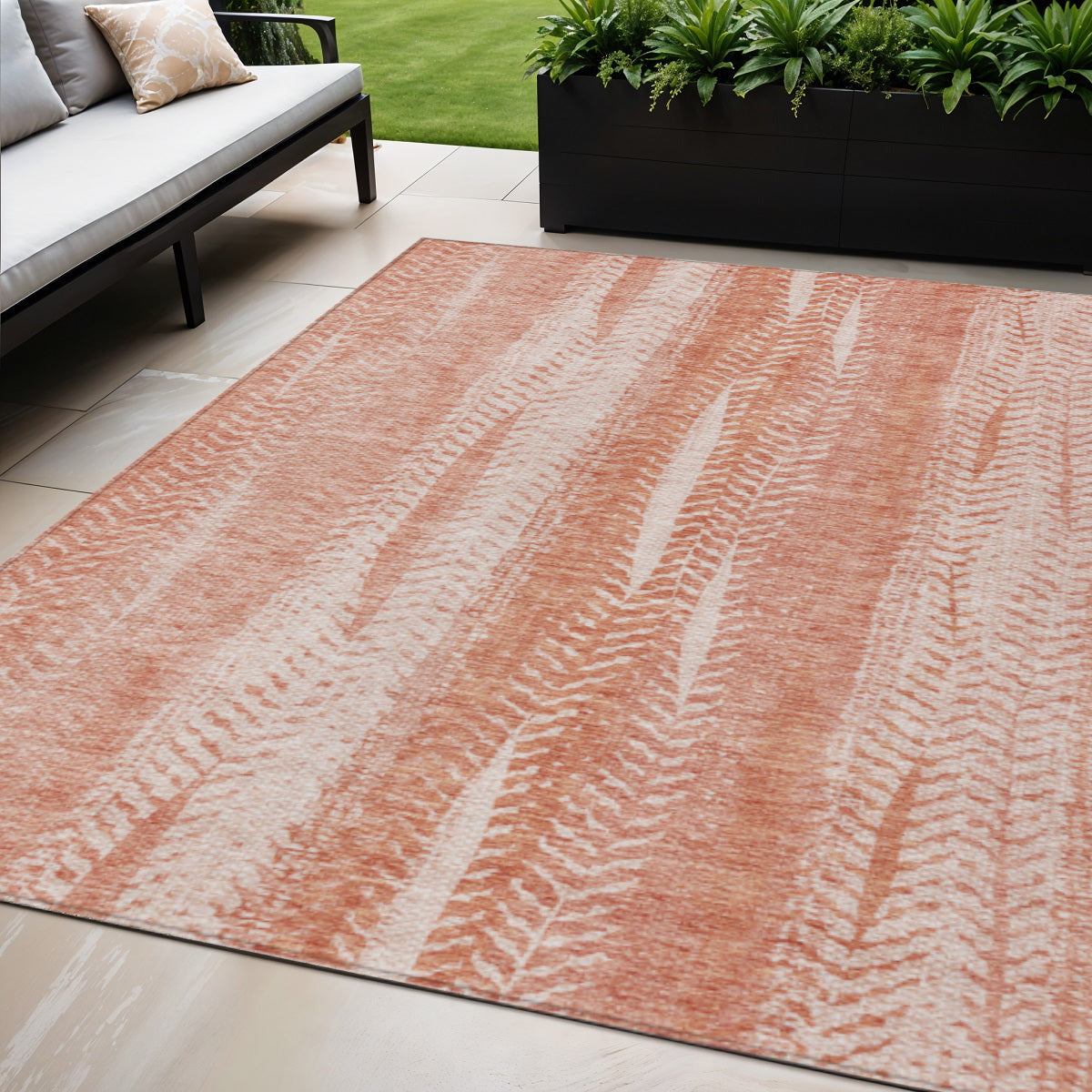5 X 8 Orange And Salmon Botanical Leaves Washable Indoor Outdoor Area Rug