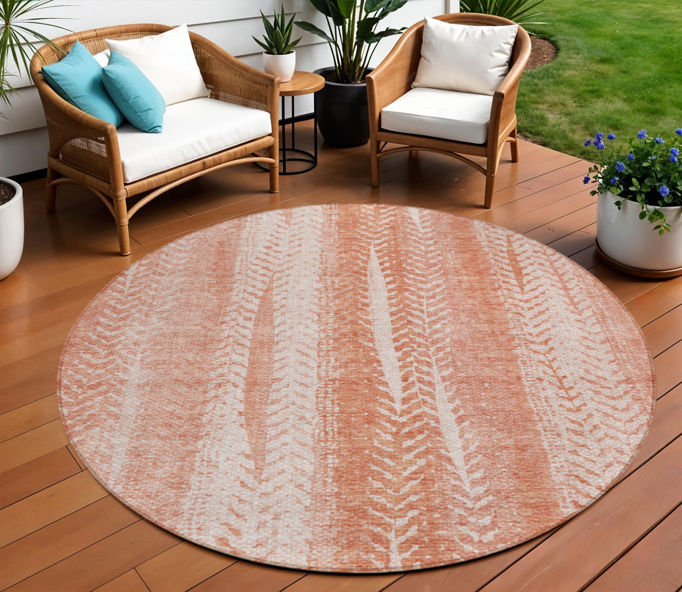 8 Orange And Salmon Round Botanical Leaves Washable Indoor Outdoor Area Rug