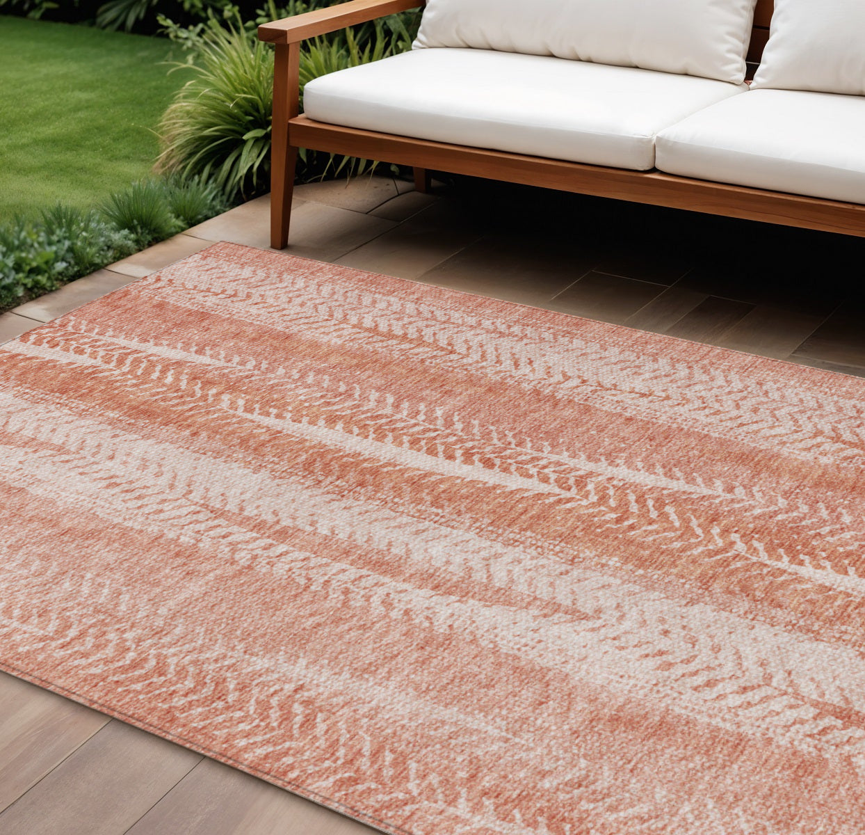 9 X 12 Orange And Salmon Botanical Leaves Washable Indoor Outdoor Area Rug