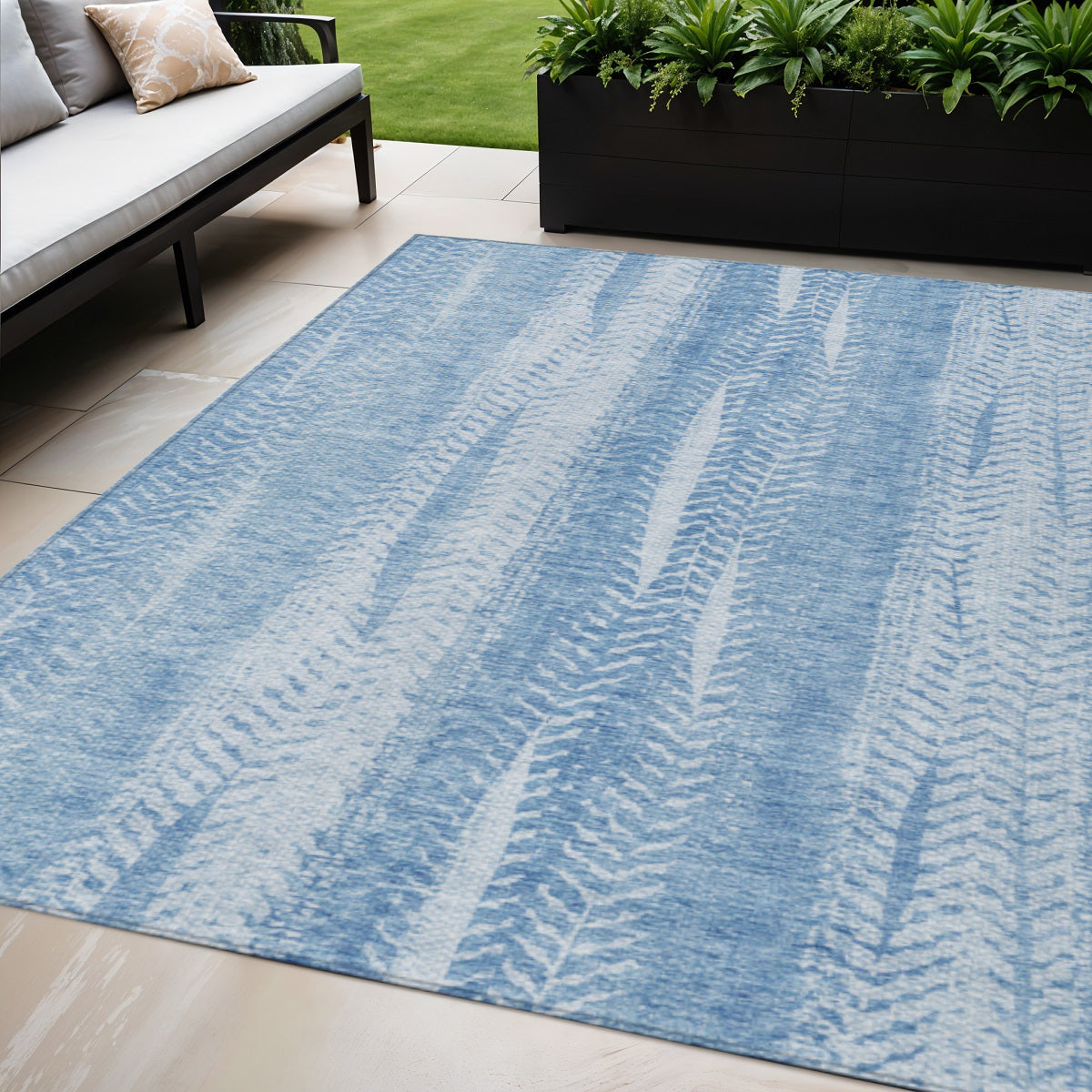 5 X 8 Sky Blue And Denim Blue Botanical Leaves Washable Indoor Outdoor Area Rug