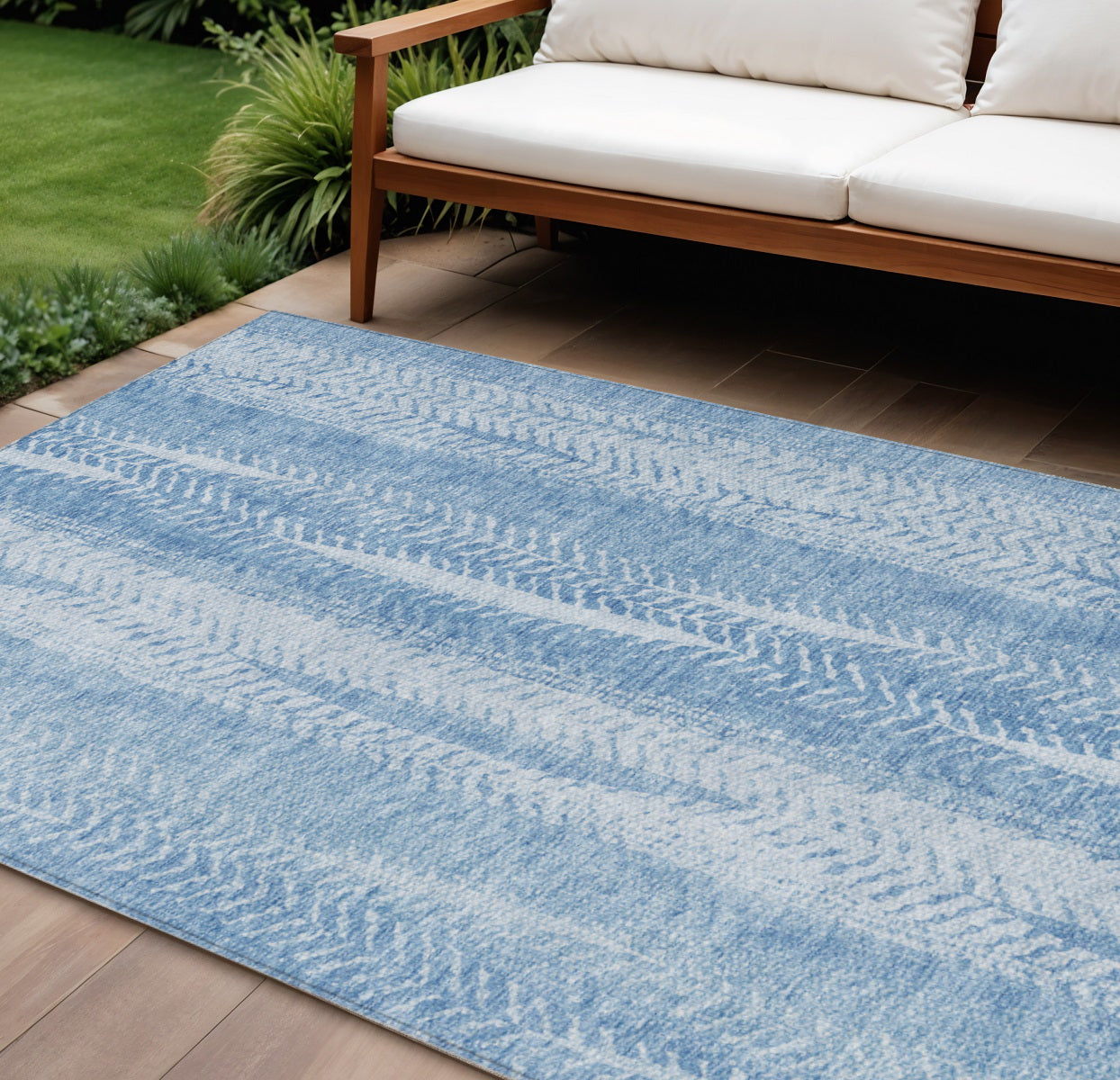 8 X 10 Sky Blue And Denim Blue Botanical Leaves Washable Indoor Outdoor Area Rug