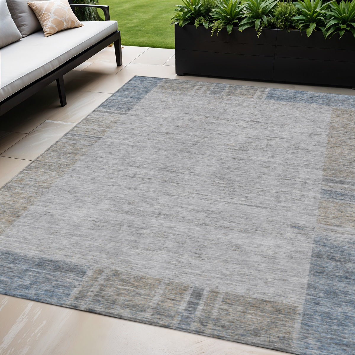 5 X 8 Taupe Beige And Blue Geometric Washable Indoor Outdoor Area Rug