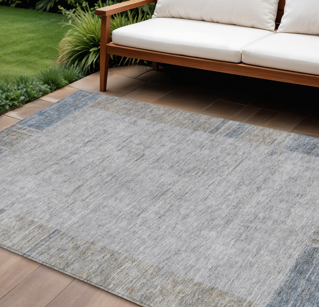 8 X 10 Taupe Beige And Blue Geometric Washable Indoor Outdoor Area Rug