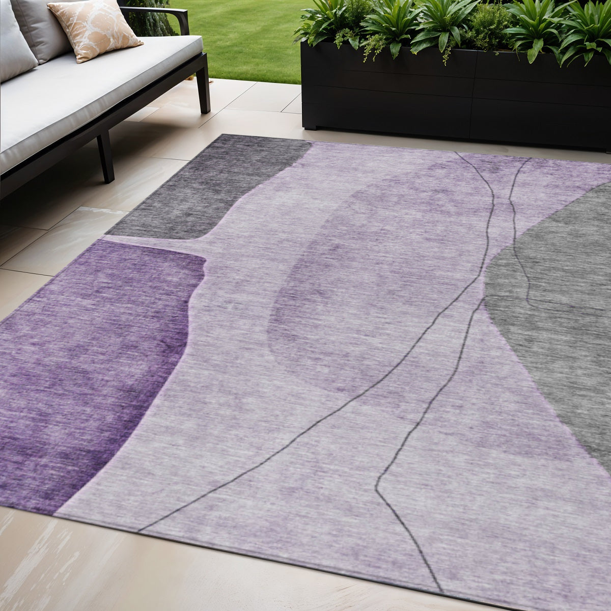 5 X 8 Purple Eggplant And Gray Abstract Washable Indoor Outdoor Area Rug