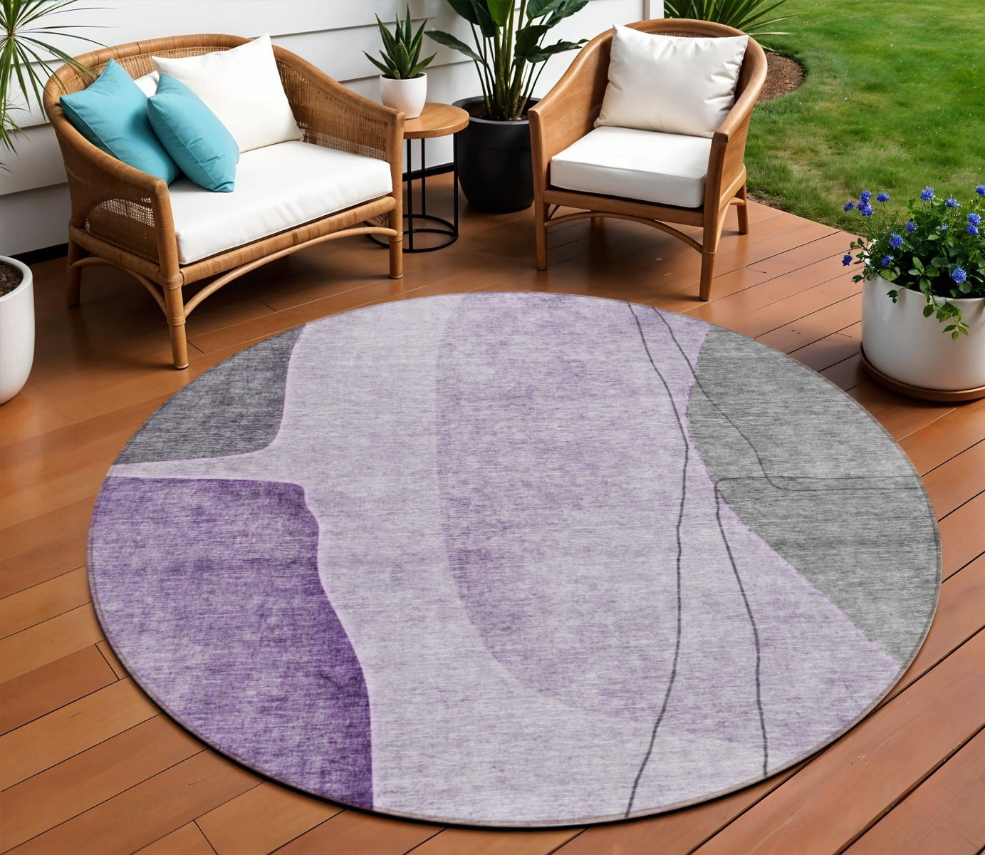 8 Purple Eggplant And Gray Round Abstract Washable Indoor Outdoor Area Rug