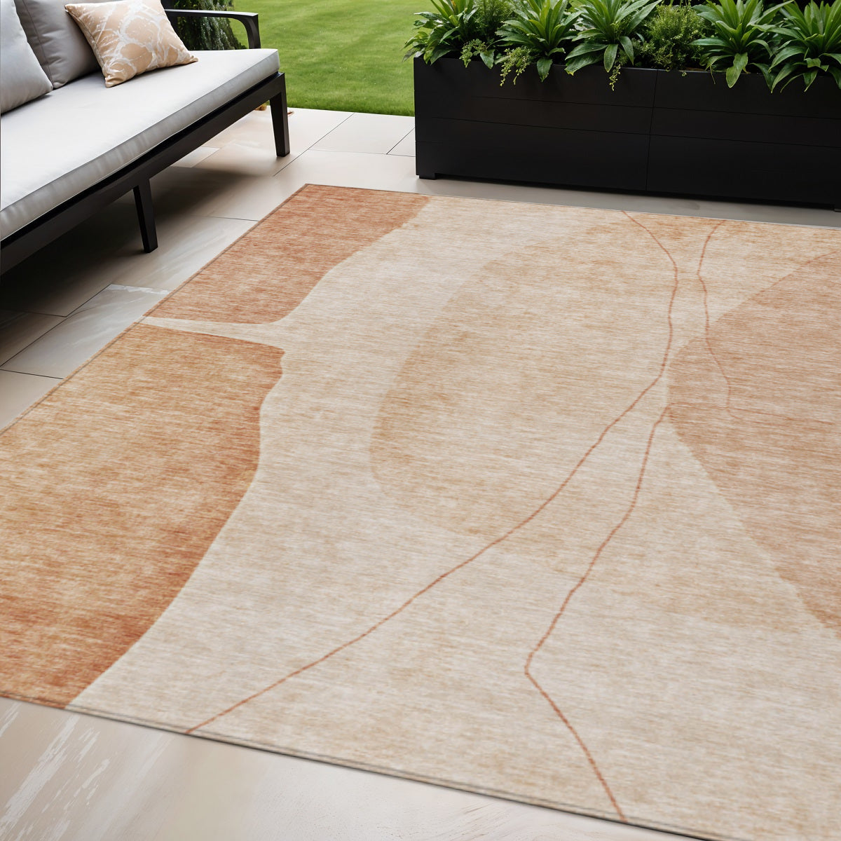 5 X 8 Terra Cotta Orange And Copper Abstract Washable Indoor Outdoor Area Rug