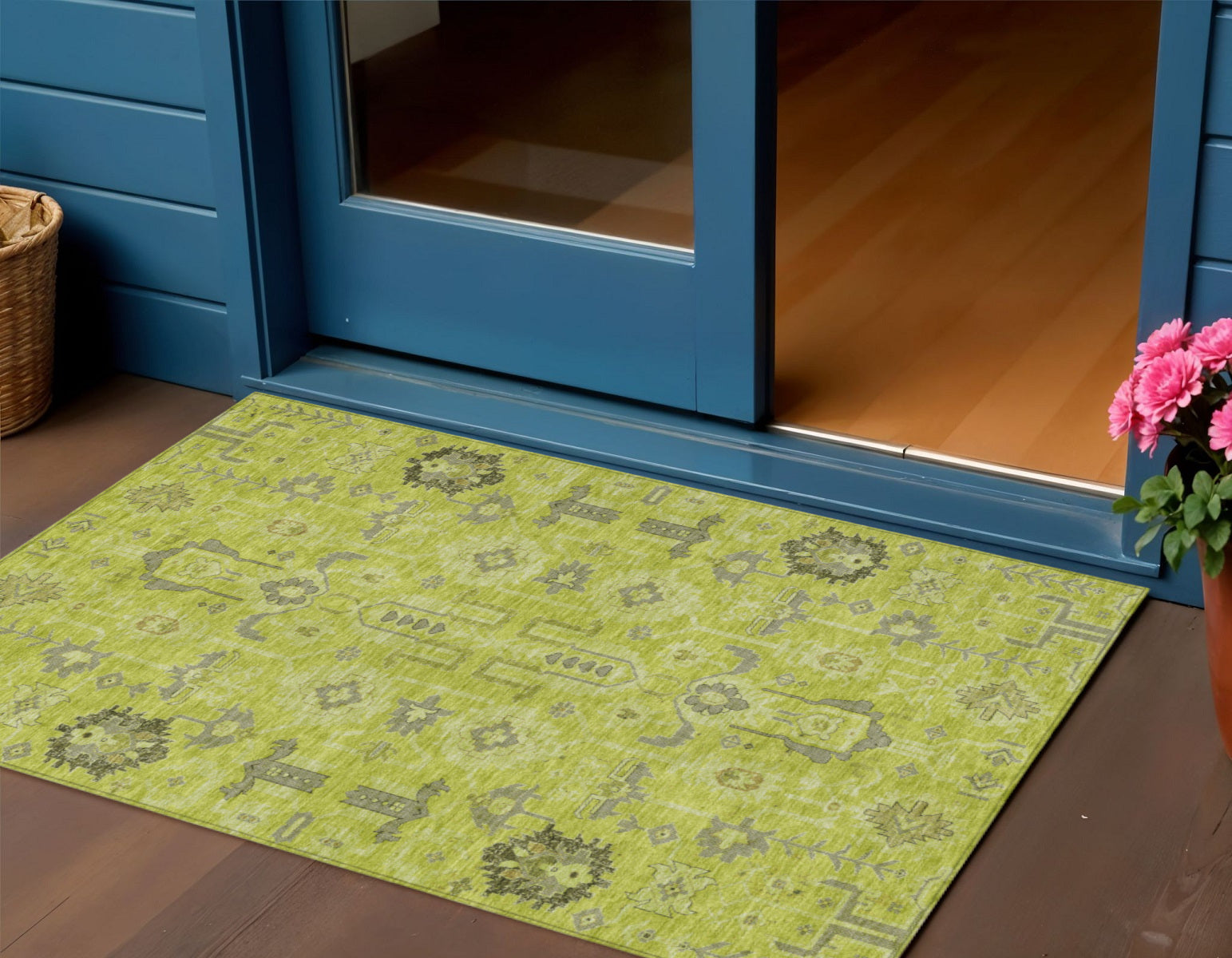 3 X 5 Artichoke Green And Fern Green Oriental Washable Indoor Outdoor Area Rug