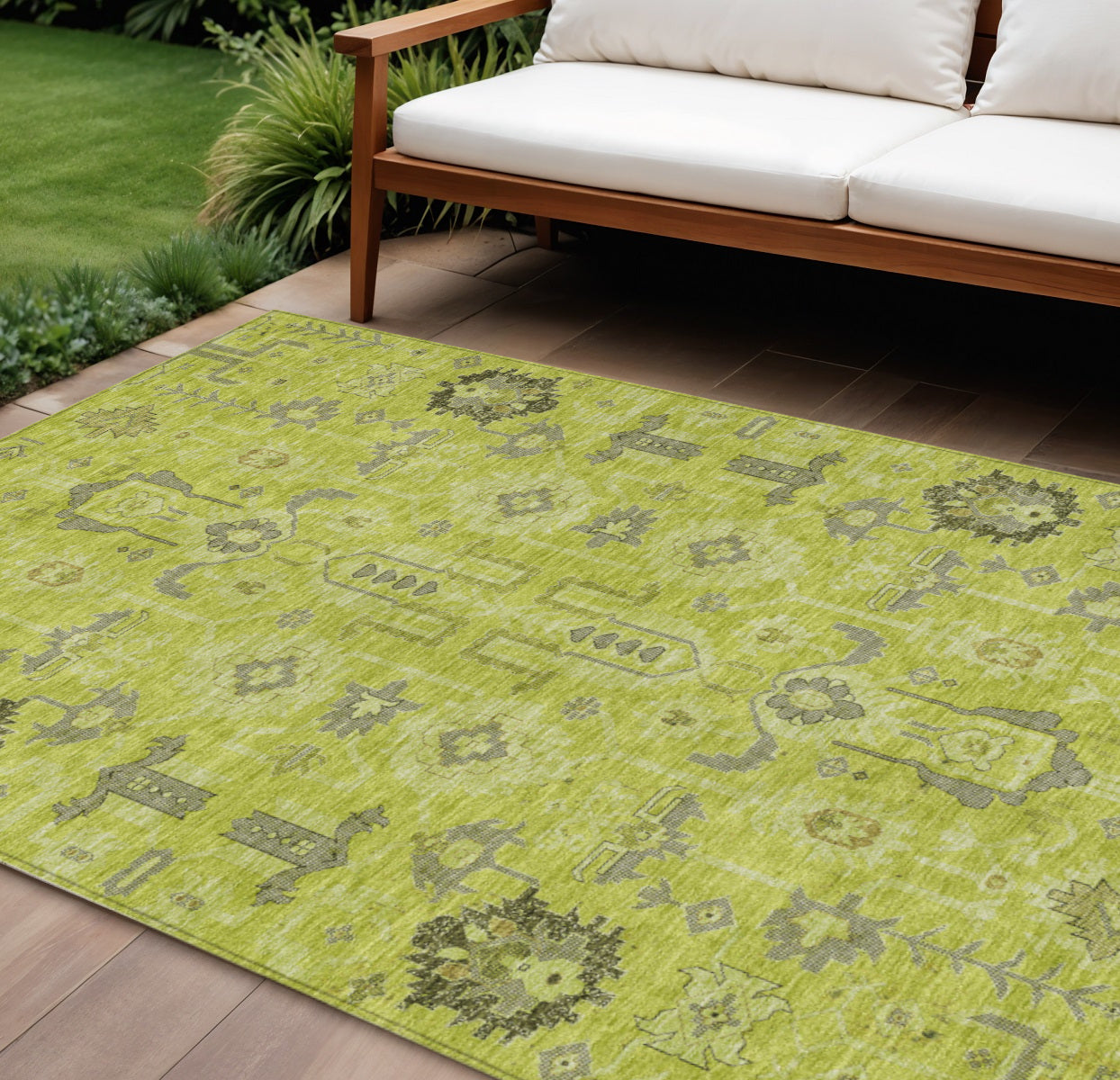 9 X 12 Artichoke Green And Fern Green Oriental Washable Indoor Outdoor Area Rug