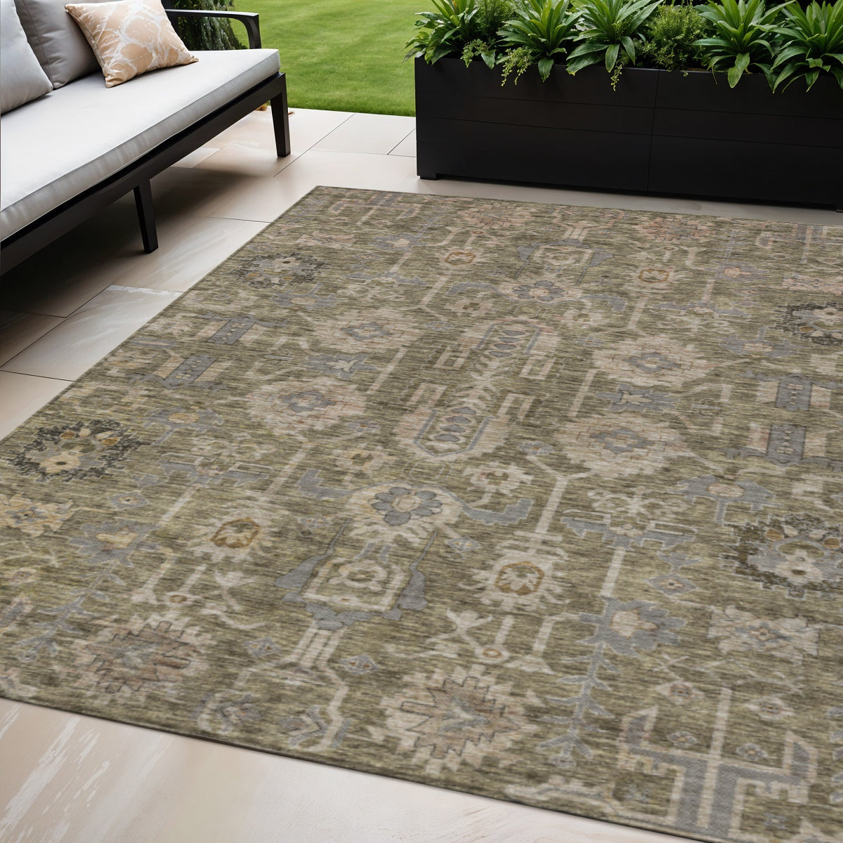 5 X 8 Brown Gray And Charcoal Oriental Washable Indoor Outdoor Area Rug