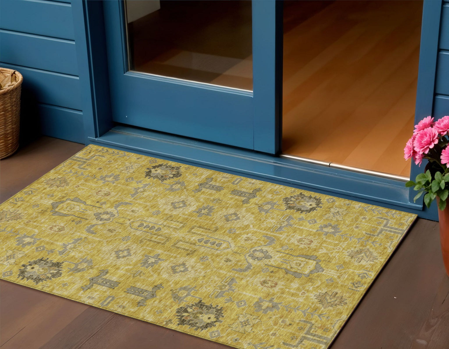 3 X 5 Gold Wheat And Gray Oriental Washable Indoor Outdoor Area Rug