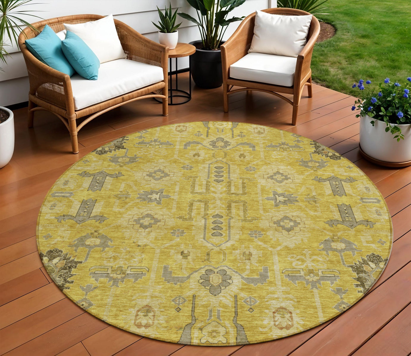 8 Gold Wheat And Gray Round Oriental Washable Indoor Outdoor Area Rug