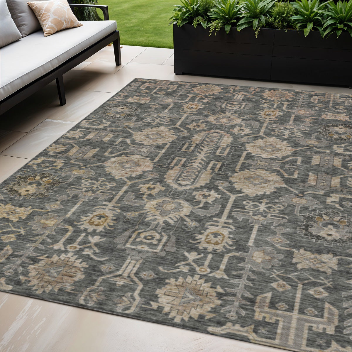 5 X 8 Gray Silver And Beige Oriental Washable Indoor Outdoor Area Rug