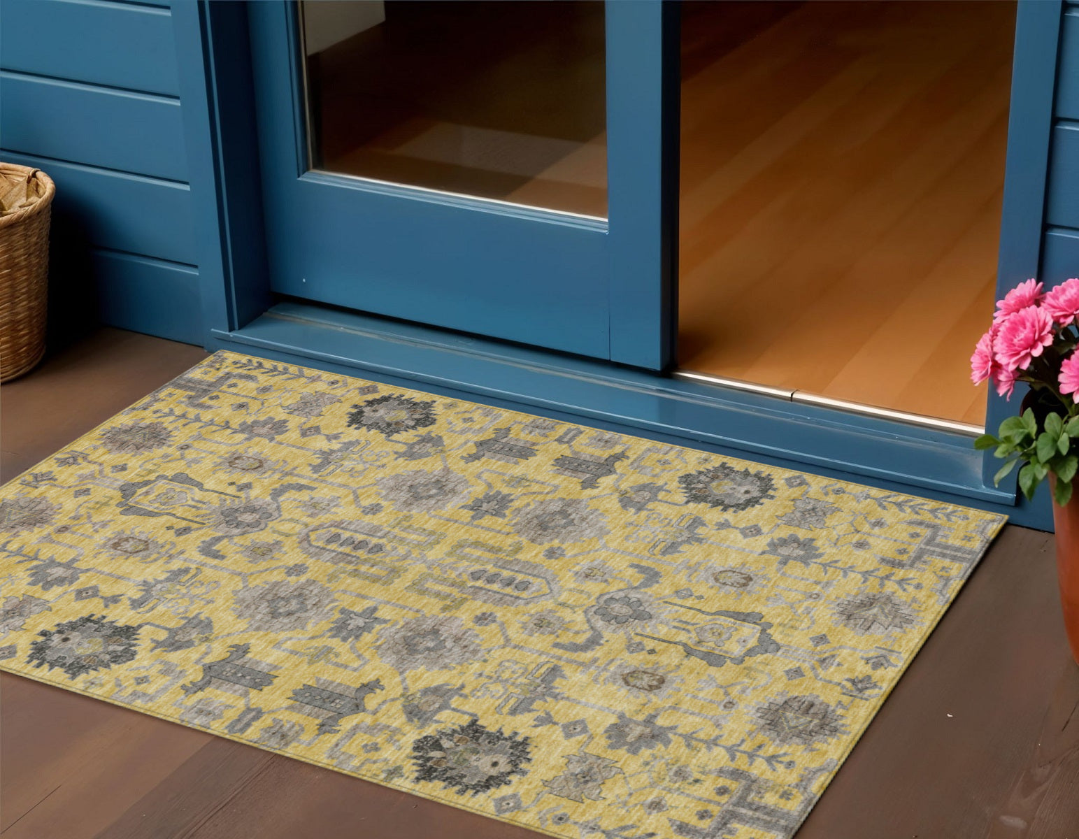3 X 5 Yellow Gray And Charcoal Oriental Washable Indoor Outdoor Area Rug