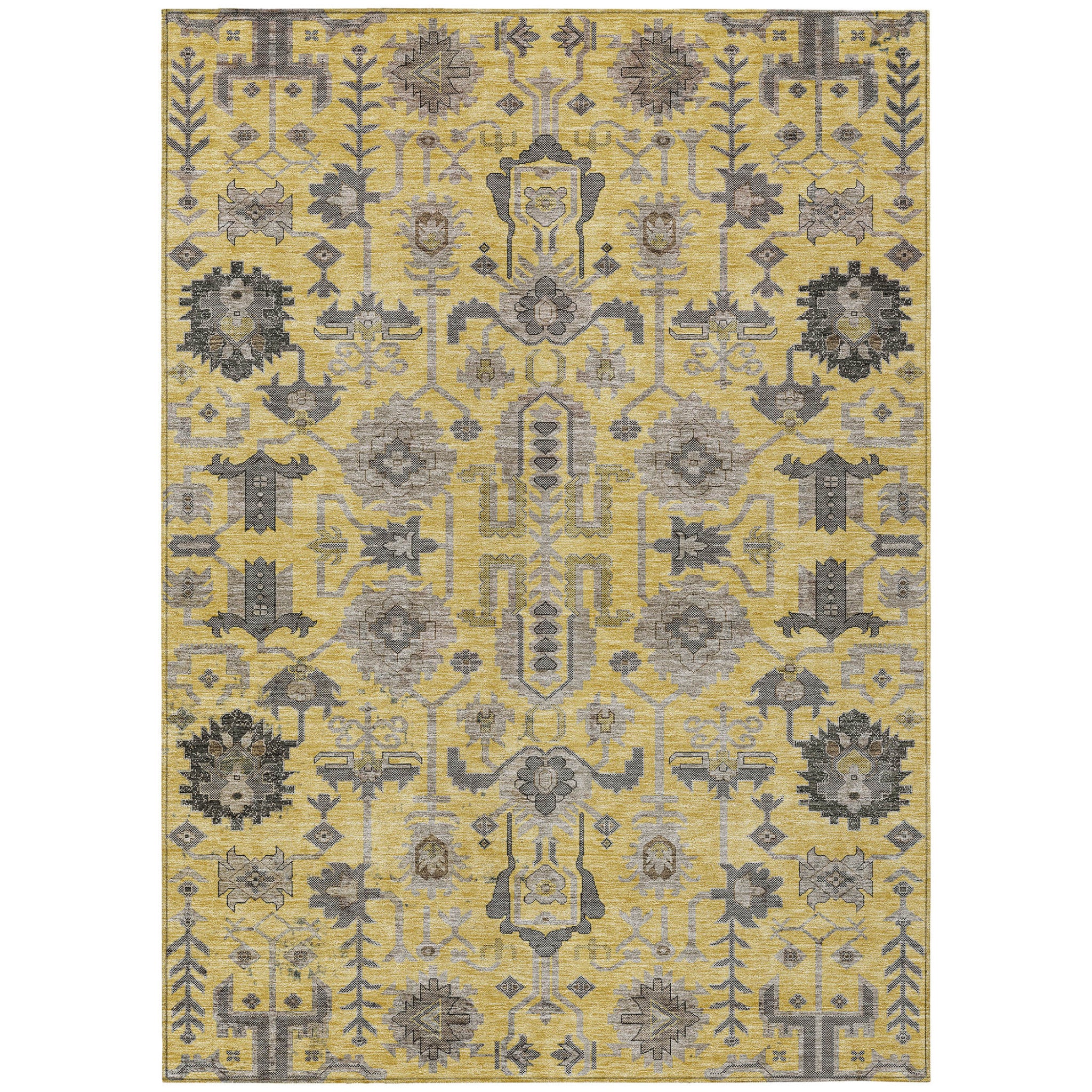 5 X 8 Yellow Gray And Charcoal Oriental Washable Indoor Outdoor Area Rug