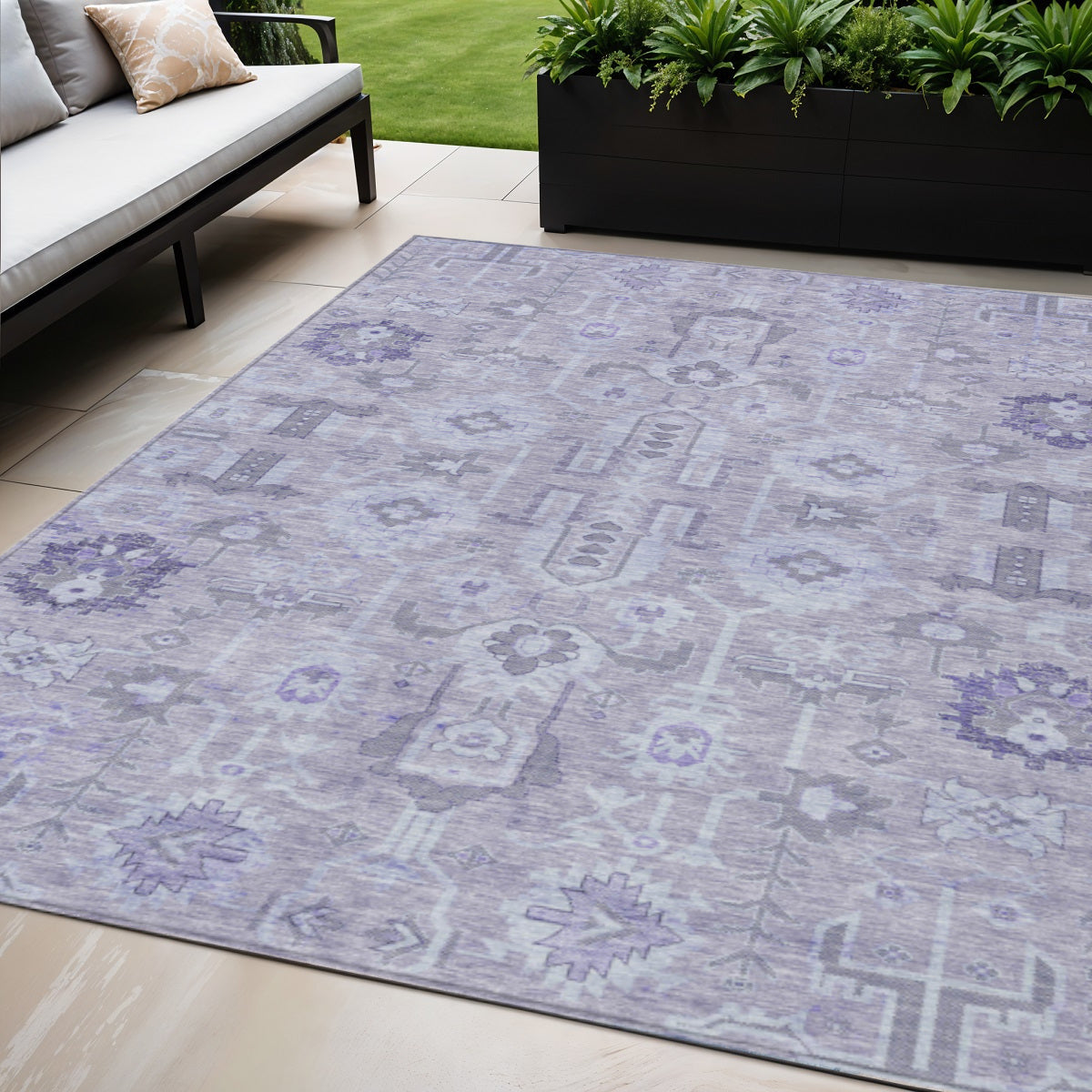 5 X 8 Lavender Purple And Gray Oriental Washable Indoor Outdoor Area Rug