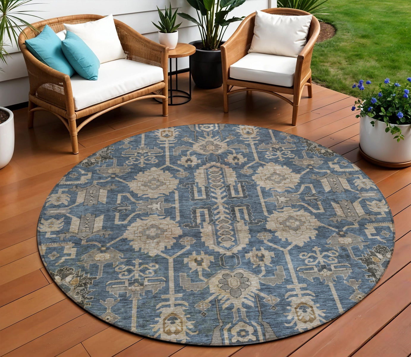 8 Navy Blue Beige And Taupe Round Oriental Washable Indoor Outdoor Area Rug