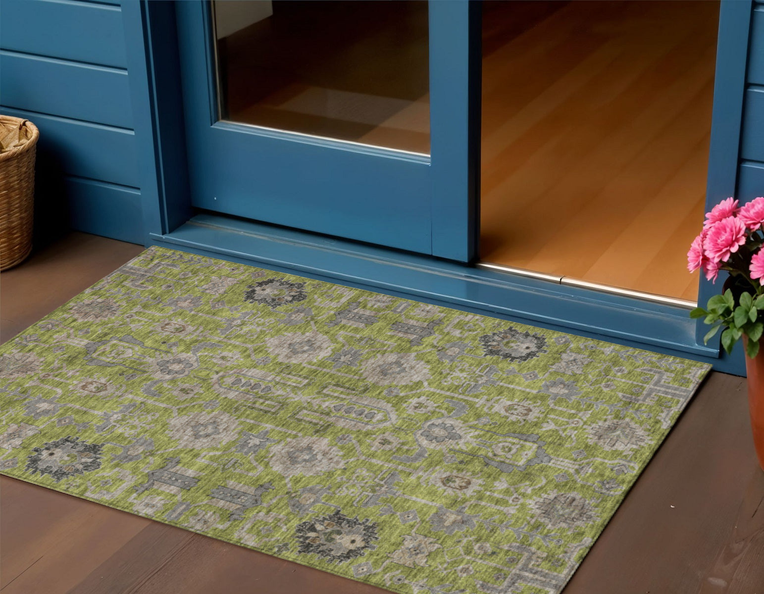 3 X 5 Olive Green Gray And Charcoal Oriental Washable Indoor Outdoor Area Rug