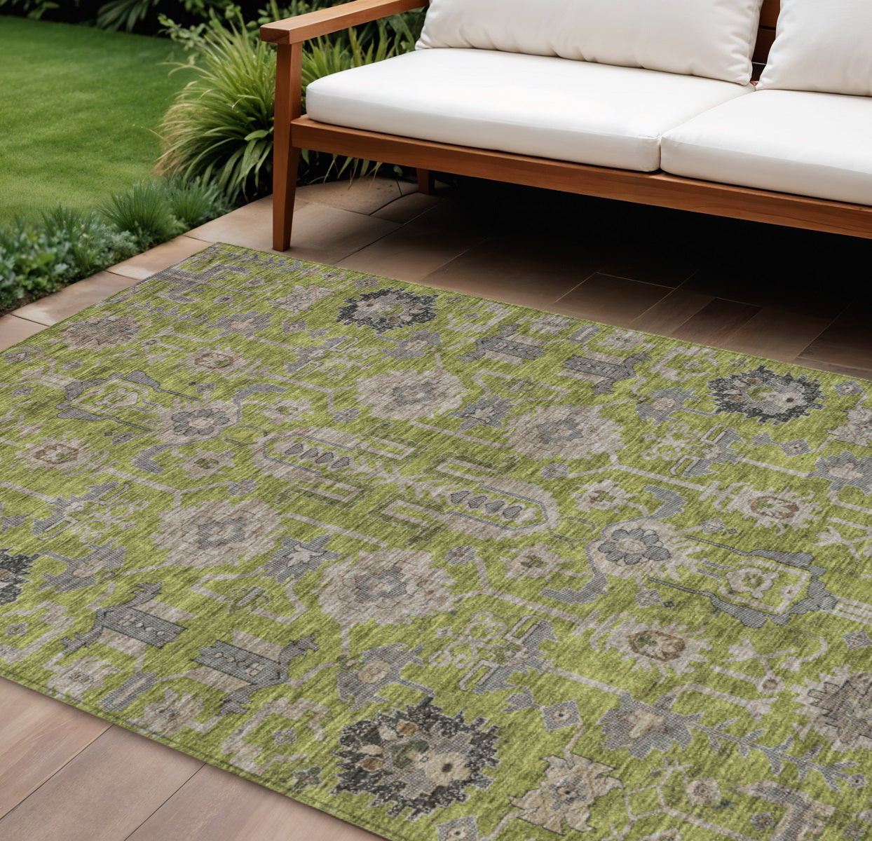 9 X 12 Olive Green Gray And Charcoal Oriental Washable Indoor Outdoor Area Rug