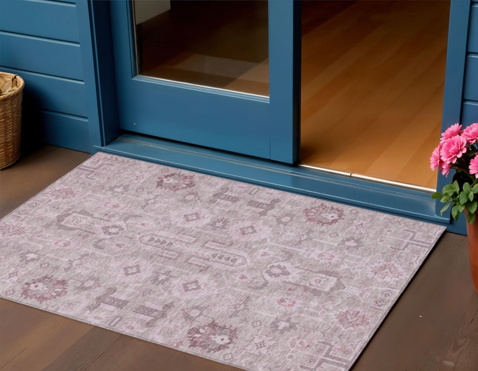 3 X 5 Pink Mauve And Blush Oriental Washable Indoor Outdoor Area Rug