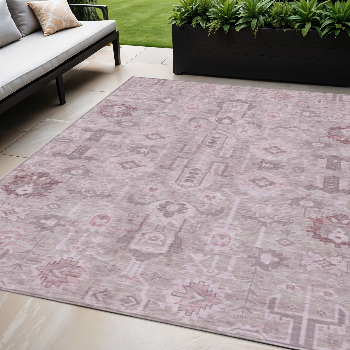 5 X 8 Pink Mauve And Blush Oriental Washable Indoor Outdoor Area Rug