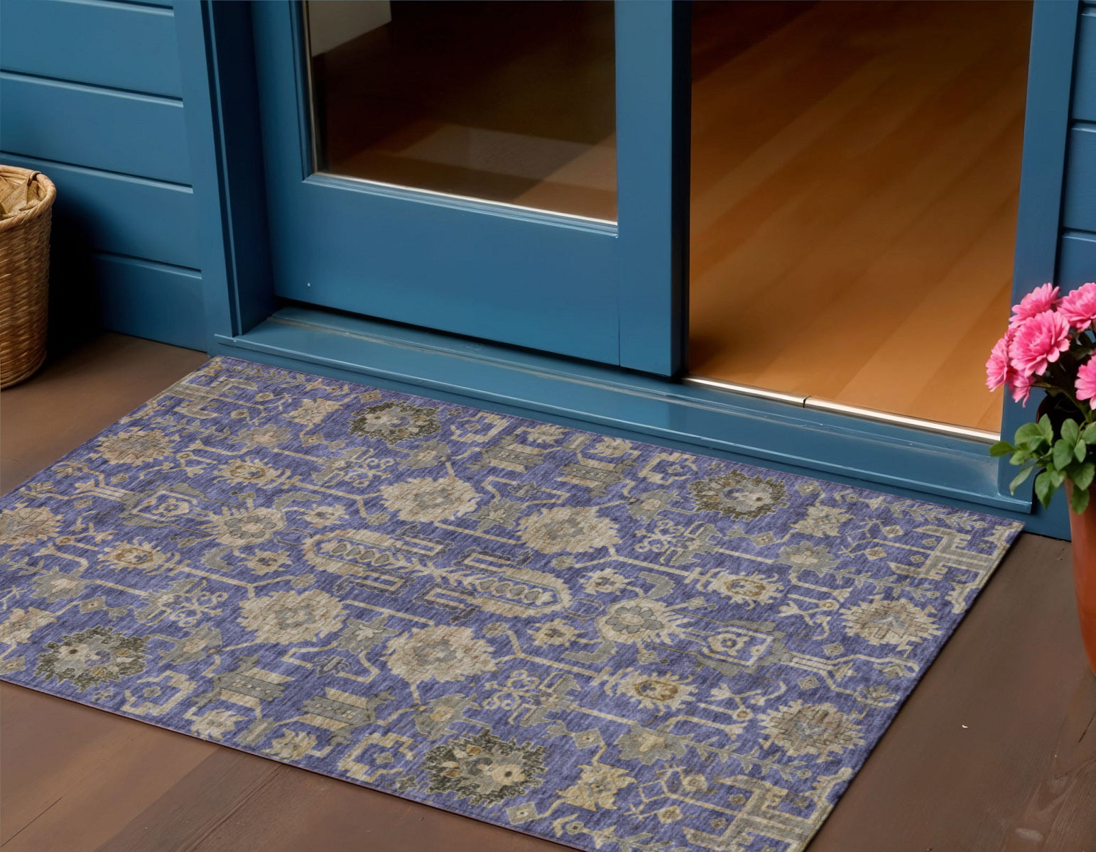 3 X 5 Purple Beige And Taupe Oriental Washable Indoor Outdoor Area Rug