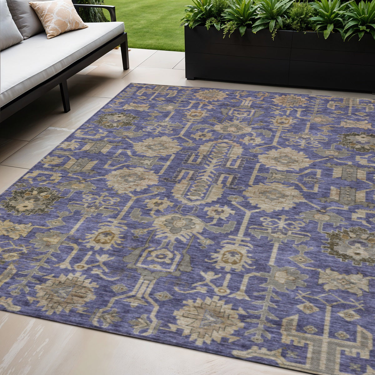 5 X 8 Purple Beige And Taupe Oriental Washable Indoor Outdoor Area Rug