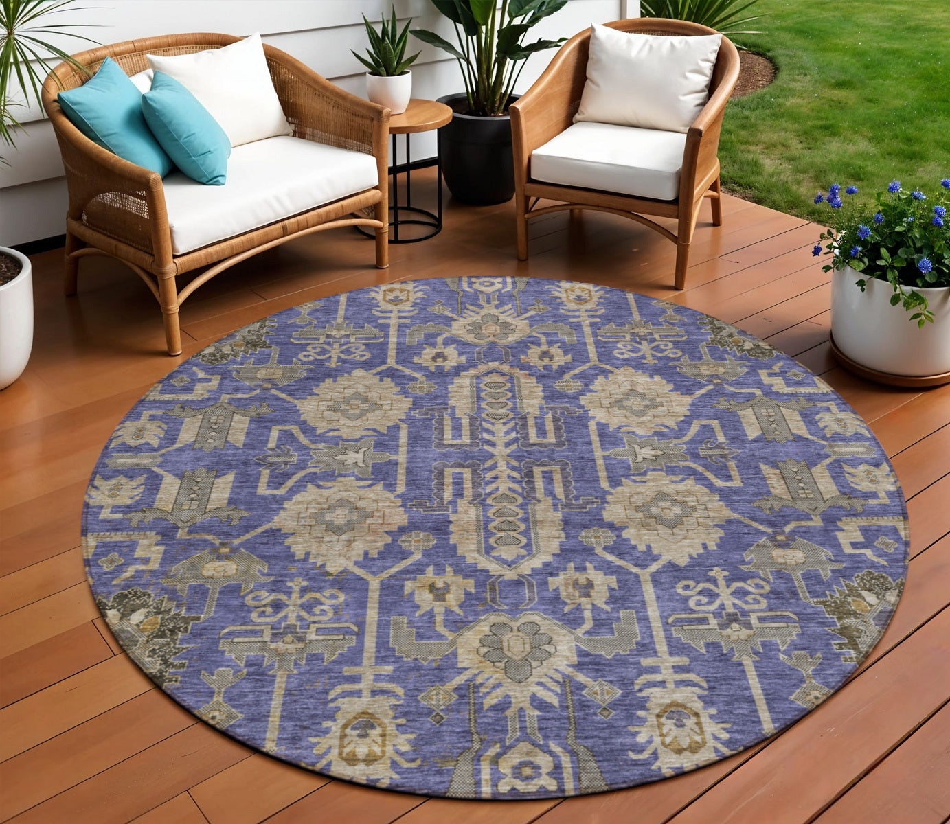 8 Purple Beige And Taupe Round Oriental Washable Indoor Outdoor Area Rug