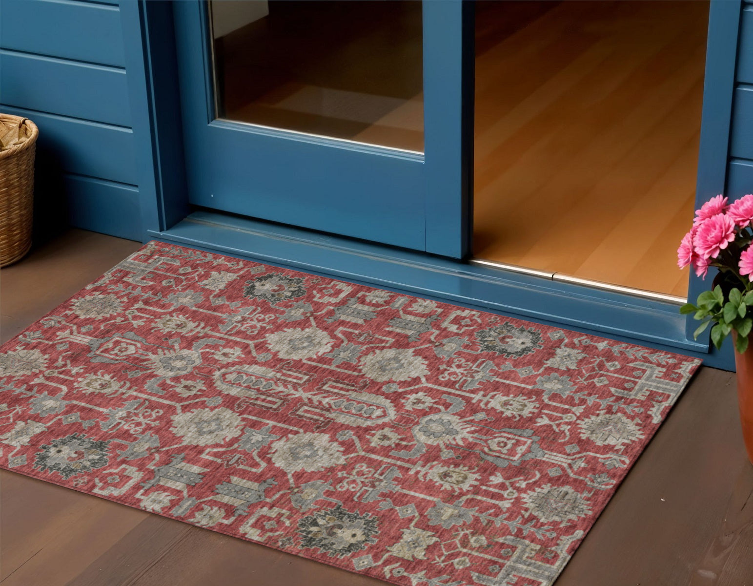 3 X 5 Red Beige And Charcoal Oriental Washable Indoor Outdoor Area Rug