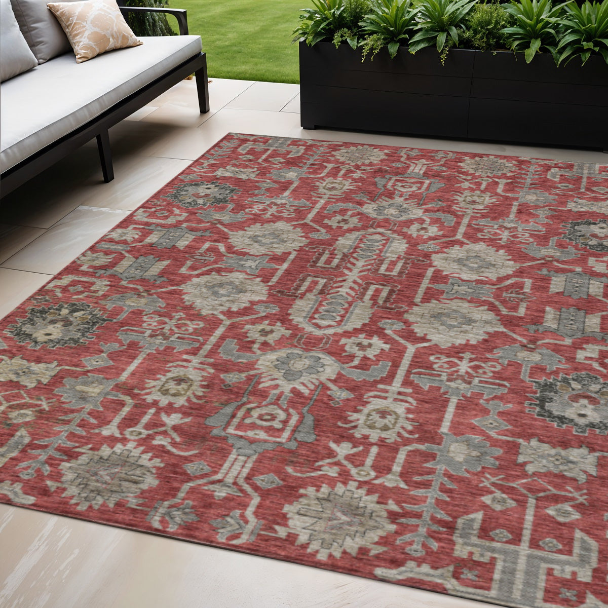 5 X 8 Red Beige And Charcoal Oriental Washable Indoor Outdoor Area Rug