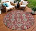 8 Red Beige And Charcoal Round Oriental Washable Indoor Outdoor Area Rug