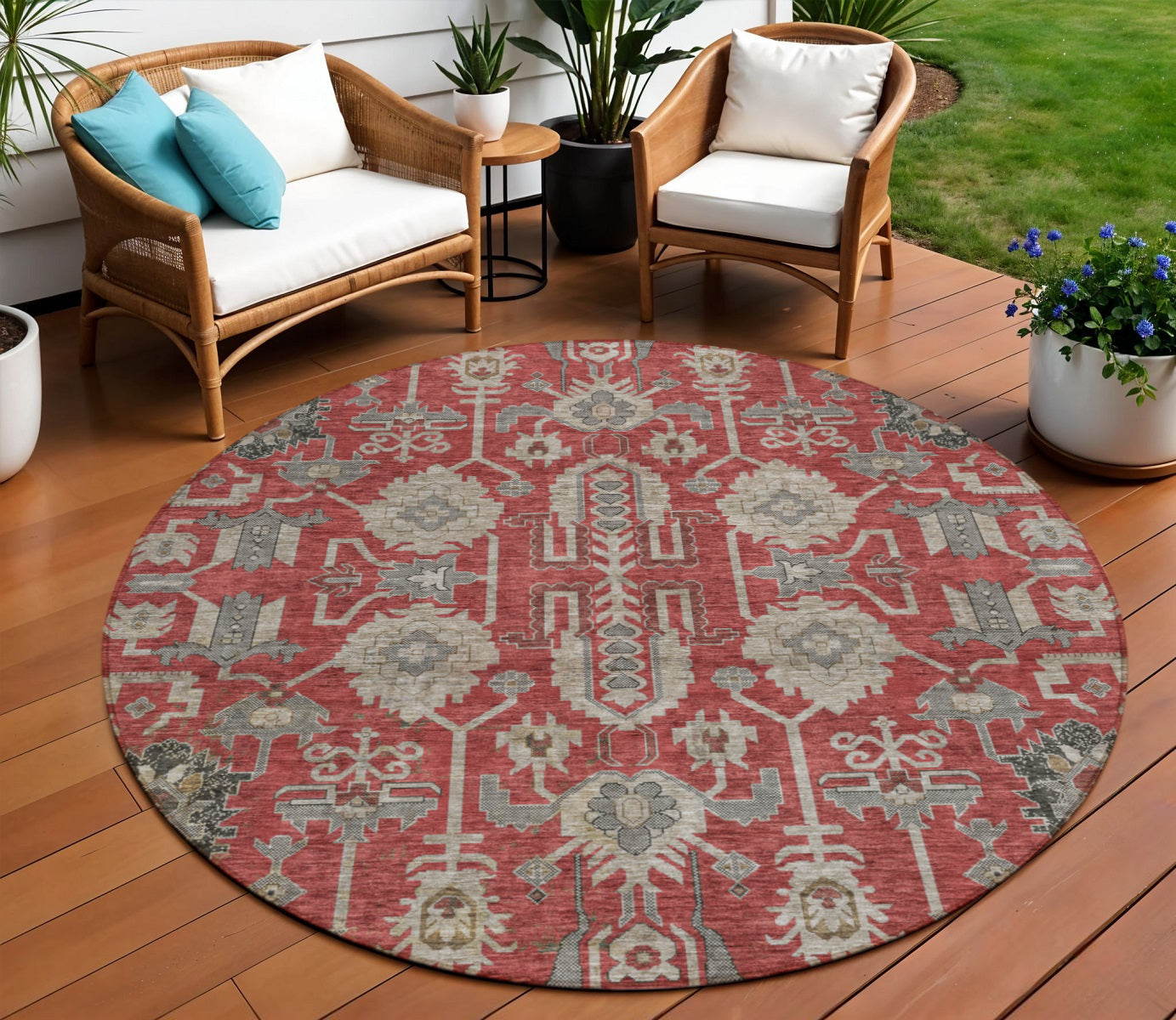 8 Red Beige And Charcoal Round Oriental Washable Indoor Outdoor Area Rug