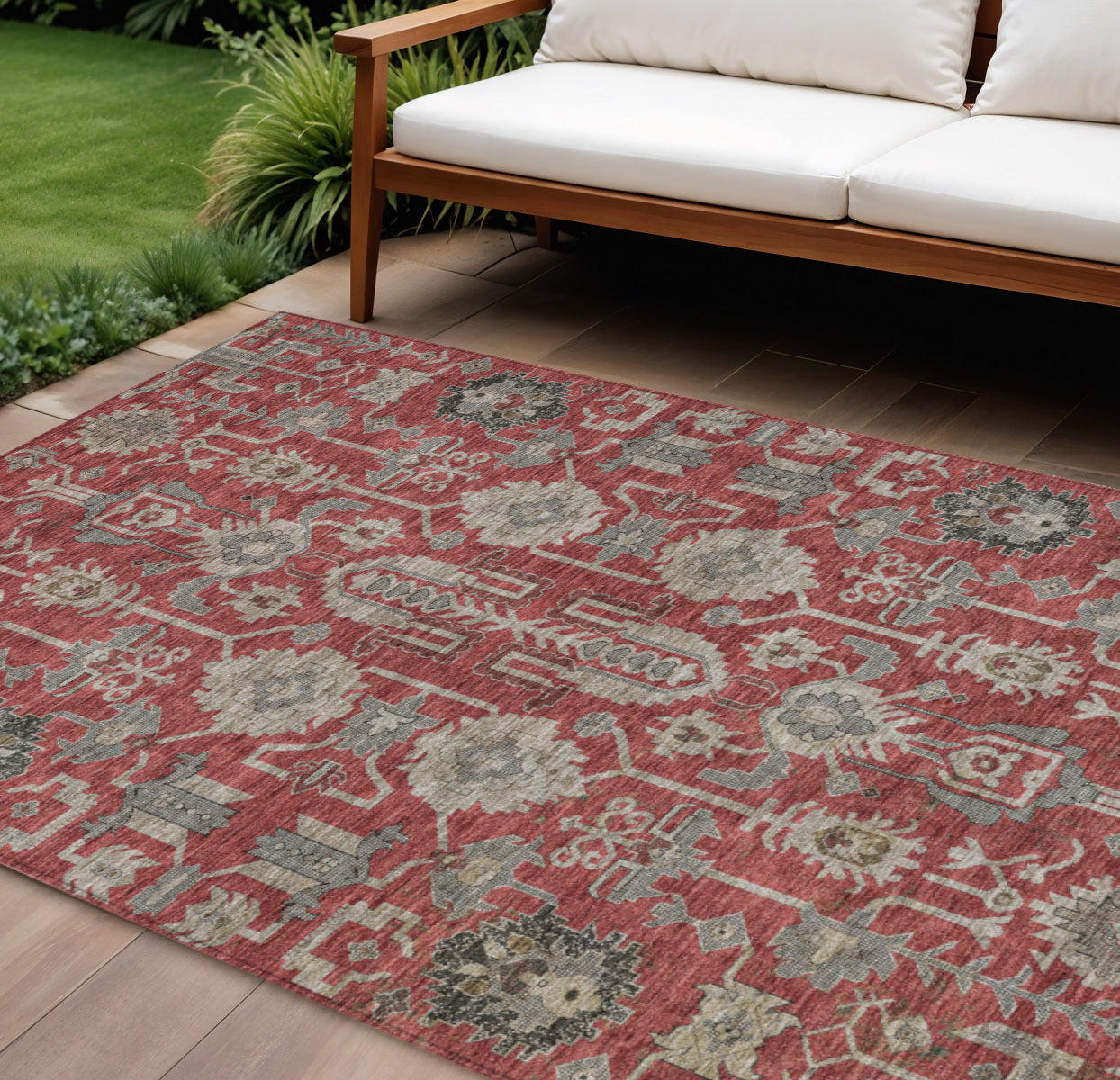 10 X 14 Red Beige And Charcoal Oriental Washable Indoor Outdoor Area Rug