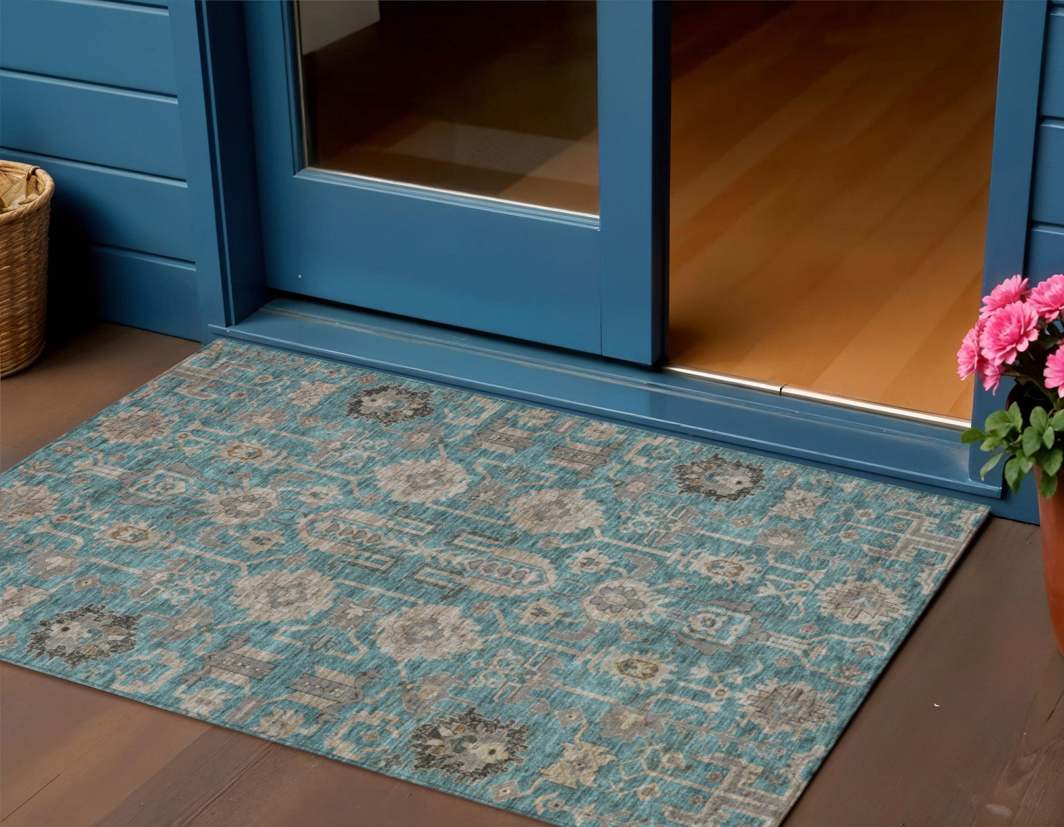 3 X 5 Teal Blue Aqua And Beige Oriental Washable Indoor Outdoor Area Rug