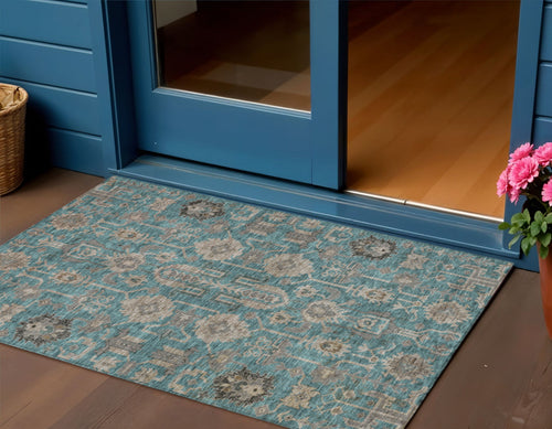 3 X 5 Teal Blue Aqua And Beige Oriental Washable Indoor Outdoor Area Rug