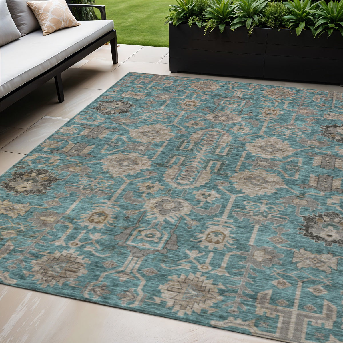 5 X 8 Teal Blue Aqua And Beige Oriental Washable Indoor Outdoor Area Rug