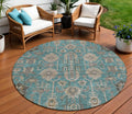 8 Teal Blue Aqua And Beige Round Oriental Washable Indoor Outdoor Area Rug