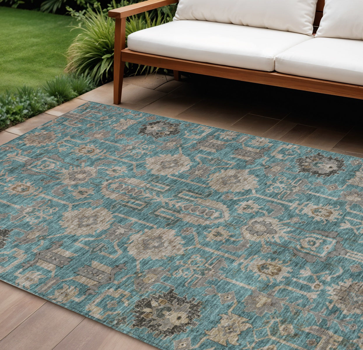 9 X 12 Teal Blue Aqua And Beige Oriental Washable Indoor Outdoor Area Rug
