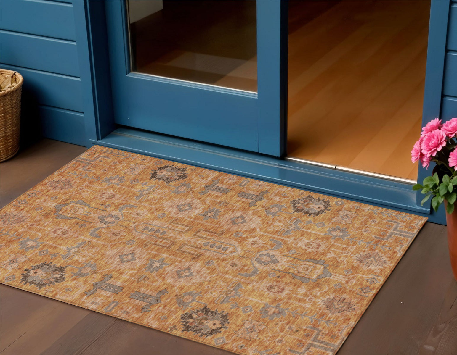 3 X 5 Terra Cotta Beige And Gray Oriental Washable Indoor Outdoor Area Rug