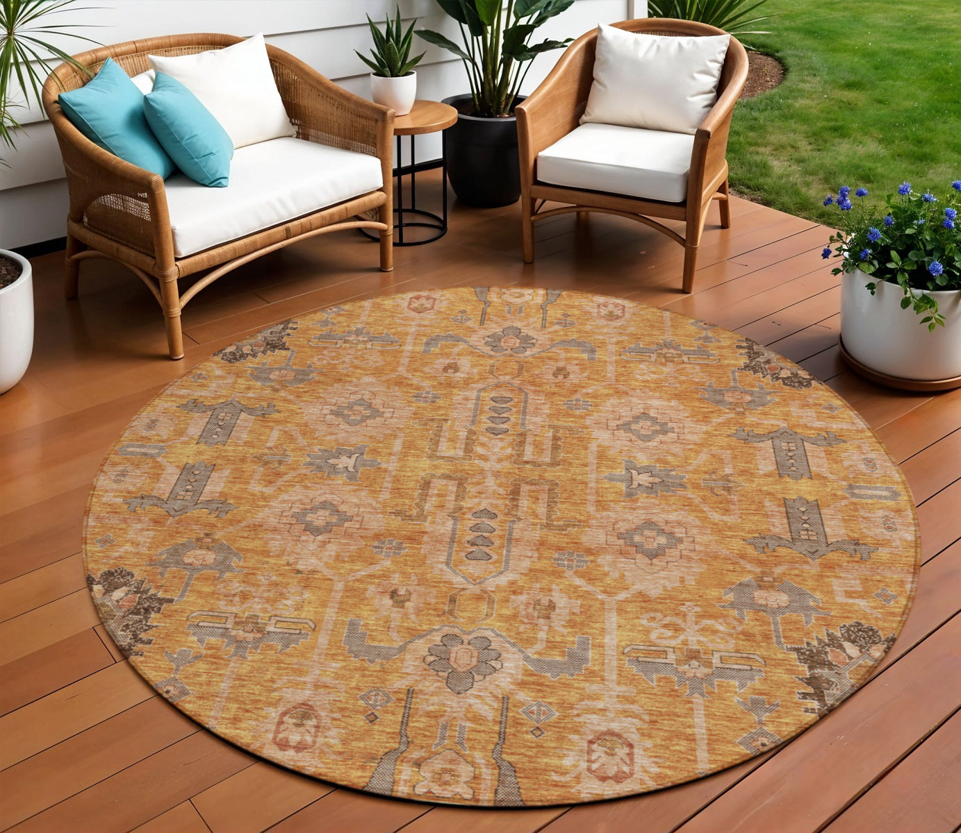 8 Terra Cotta Beige And Gray Round Oriental Washable Indoor Outdoor Area Rug