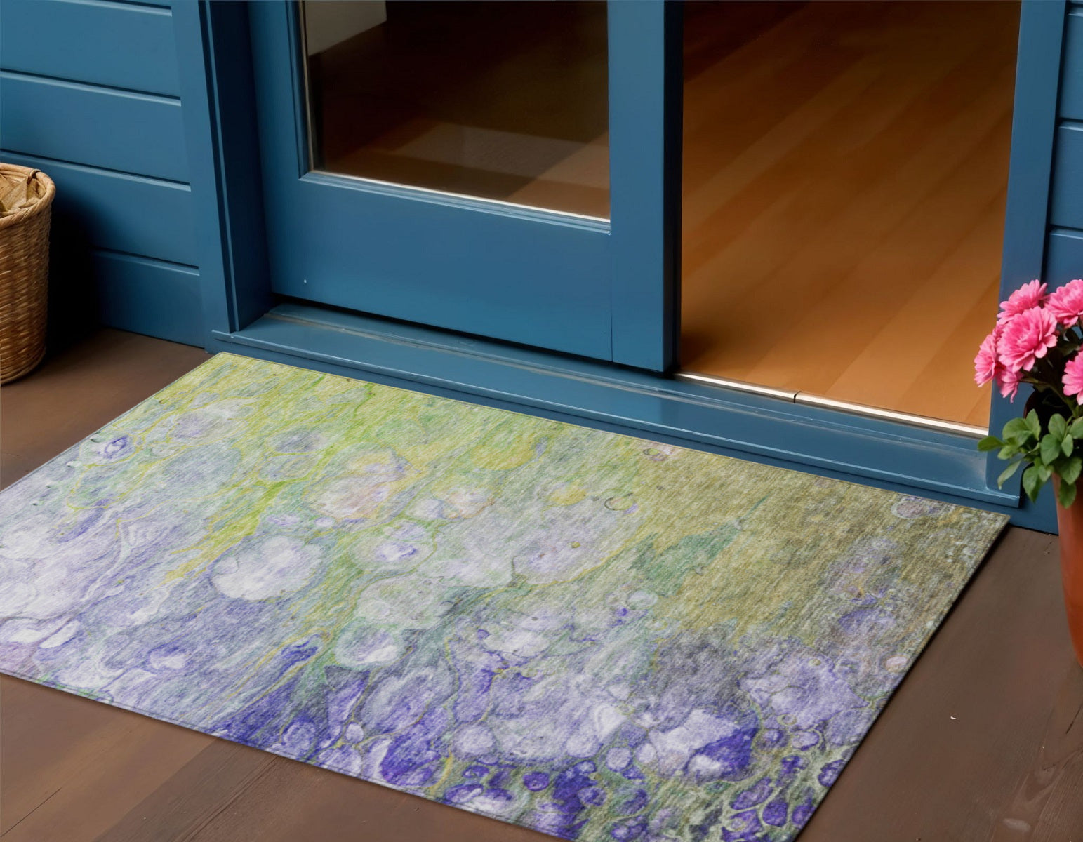 3 X 5 Artichoke Green Purple And Lilac Abstract Washable Indoor Outdoor Area Rug
