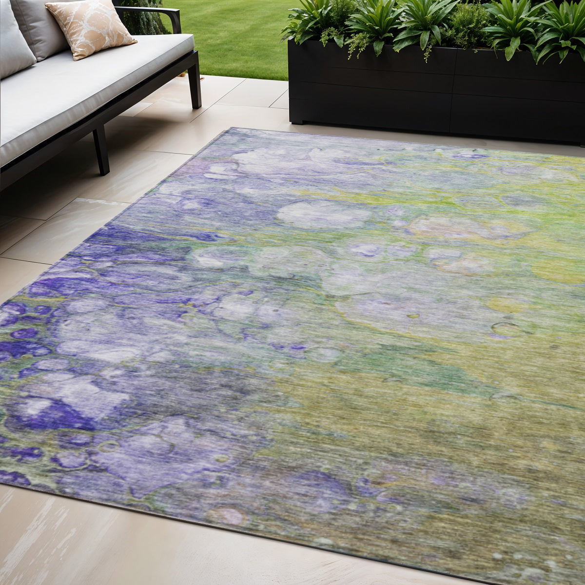 5 X 8 Artichoke Green Purple And Lilac Abstract Washable Indoor Outdoor Area Rug