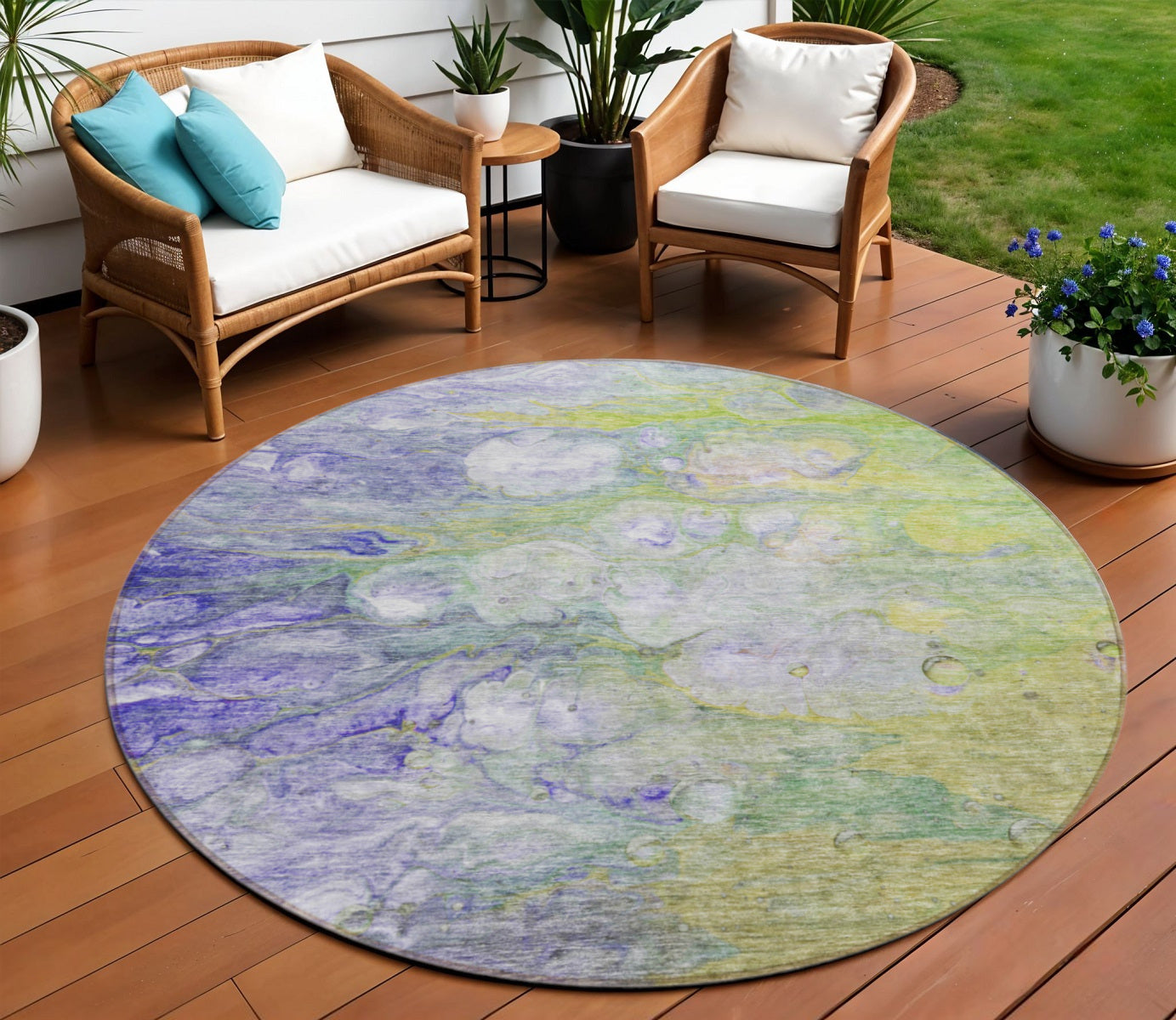 8 Artichoke Green Purple And Lilac Round Abstract Washable Indoor Outdoor Area Rug