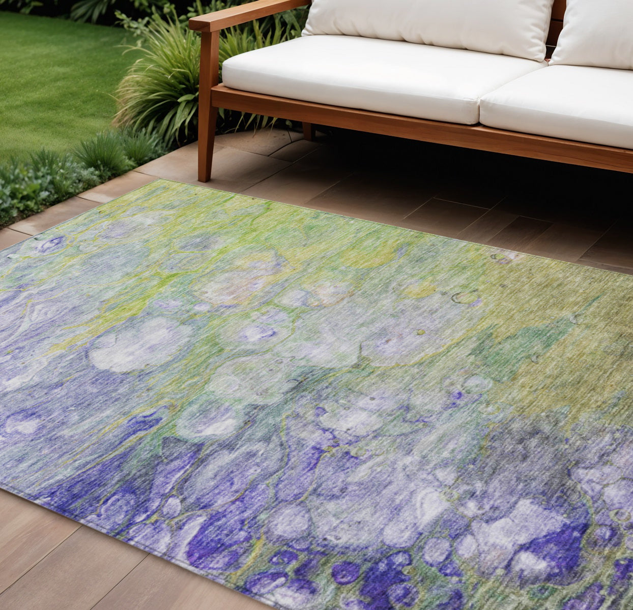10 X 14 Artichoke Green Purple And Lilac Abstract Washable Indoor Outdoor Area Rug