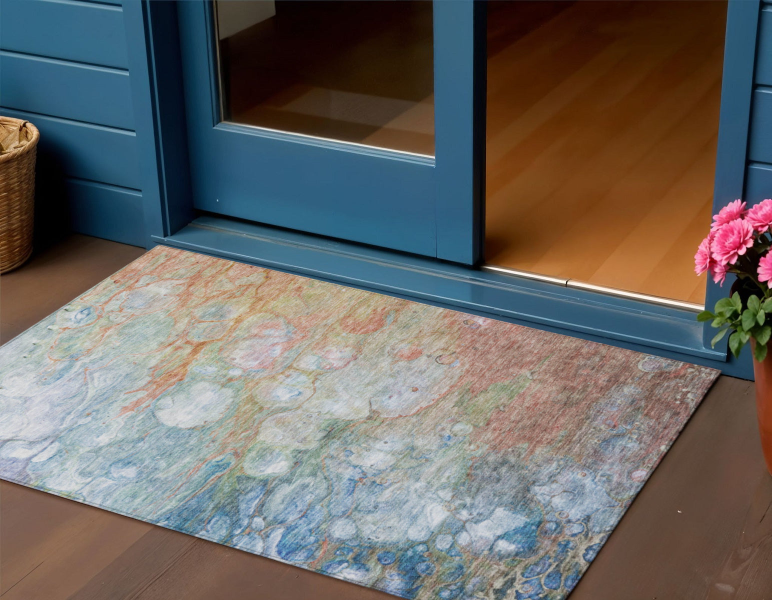 3 X 5 Copper Blue And Artichoke Green Abstract Washable Indoor Outdoor Area Rug