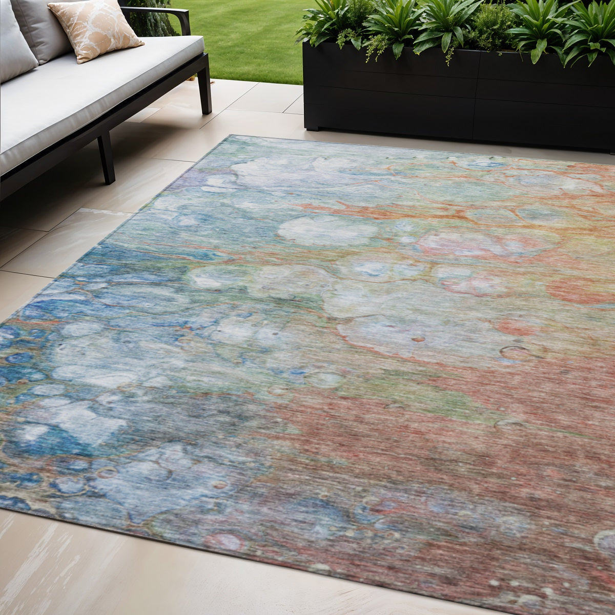 5 X 8 Copper Blue And Artichoke Green Abstract Washable Indoor Outdoor Area Rug