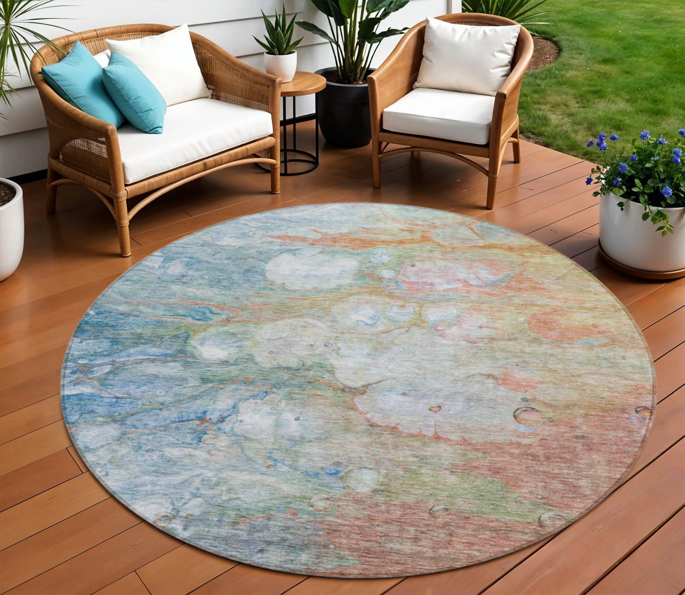 8 Copper Blue And Artichoke Green Round Abstract Washable Indoor Outdoor Area Rug